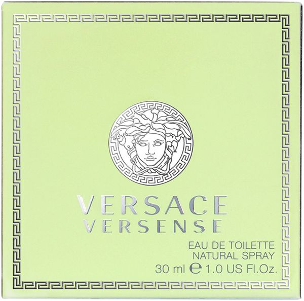 Versace Versense Eau de Toilette Spray. Confezione verde con logo e informazioni sul prodotto.