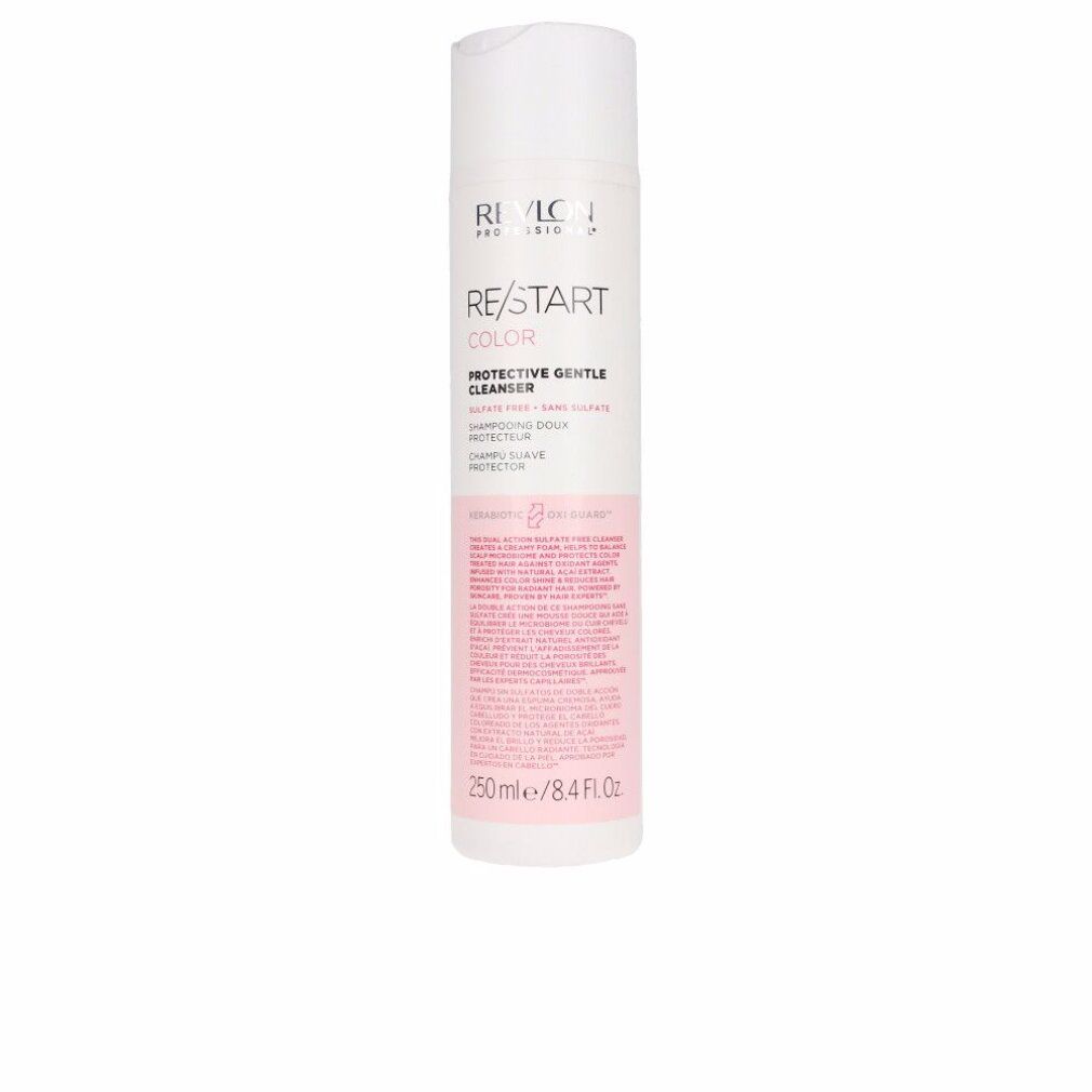 Flacone bianco Revlon Re-Start Color Protective Gentle Cleanser. Etichetta rosa con informazioni. 250ml/8.4 Fl Oz.