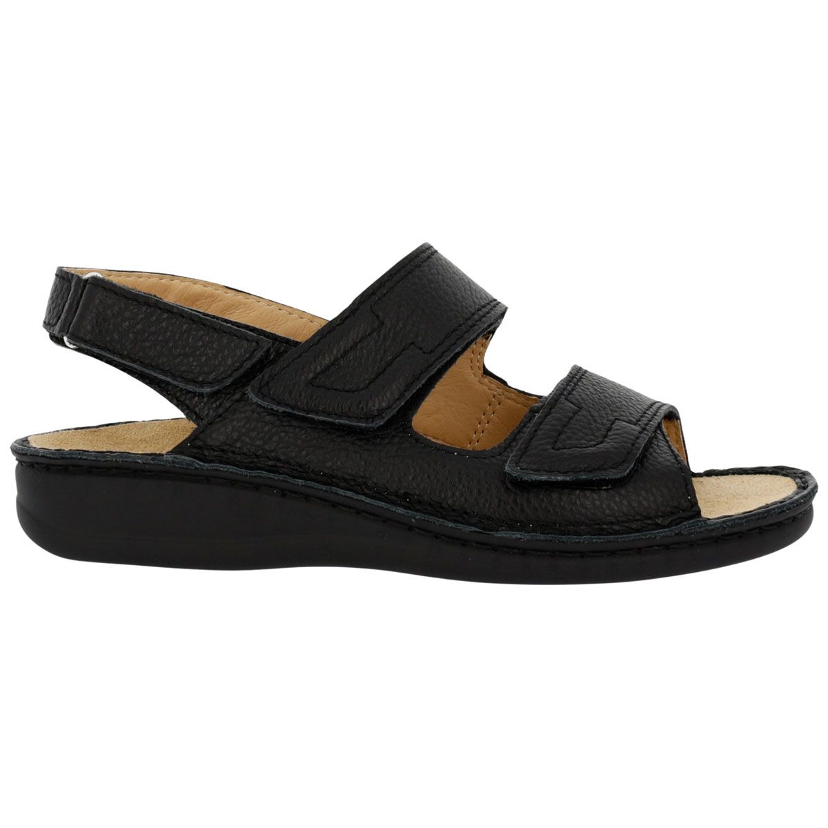 Sandalo nero da uomo con chiusura a strappo. Due cinturini sul collo del piede, uno alla caviglia. Suola nera.