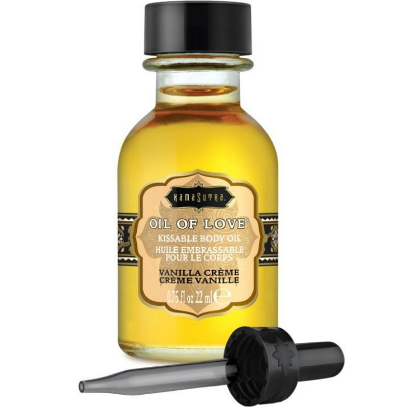 Olio d'amore, olio corpo baciabile, aroma crema vaniglia, flacone da 22 ml con contagocce.