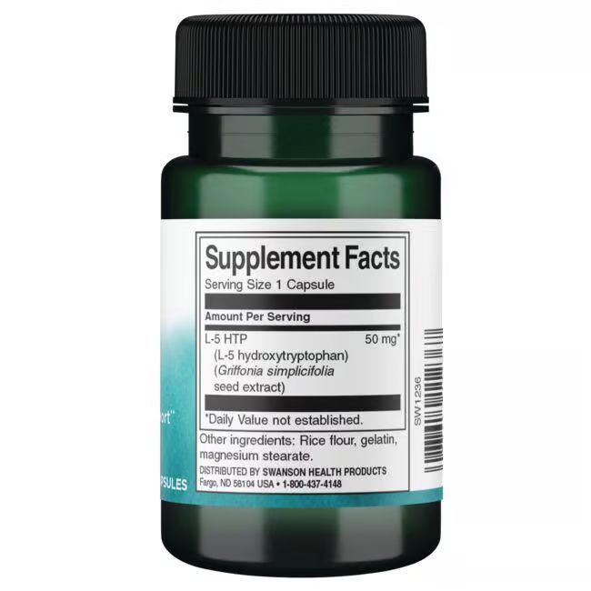 Retro del flacone verde. Etichetta con Supplement Facts, 5-HTP, 50 mg. Ingredienti: farina di riso, gelatina, magnesio stearato.