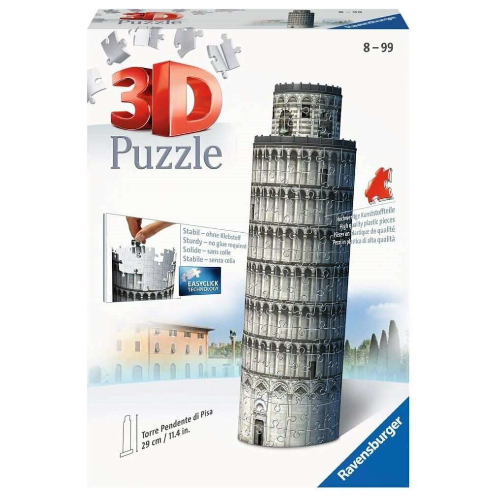 Confezione del puzzle 3D Torre di Pisa. La torre è raffigurata sulla confezione. Con il logo Ravensburger.