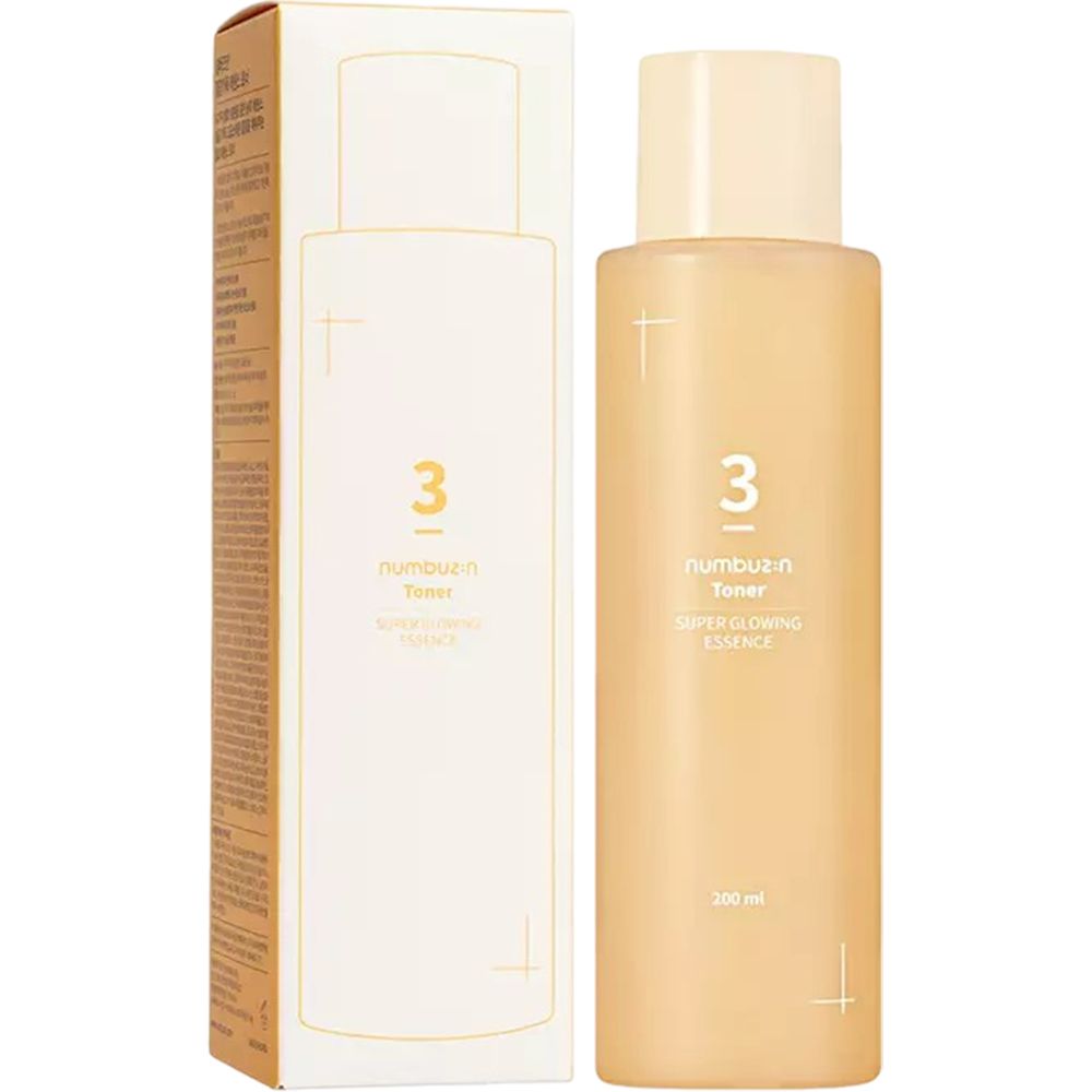Flacone e confezione con scritta: 3, Numbuzin Toner, Super Glowing Essence. Confezione marrone.