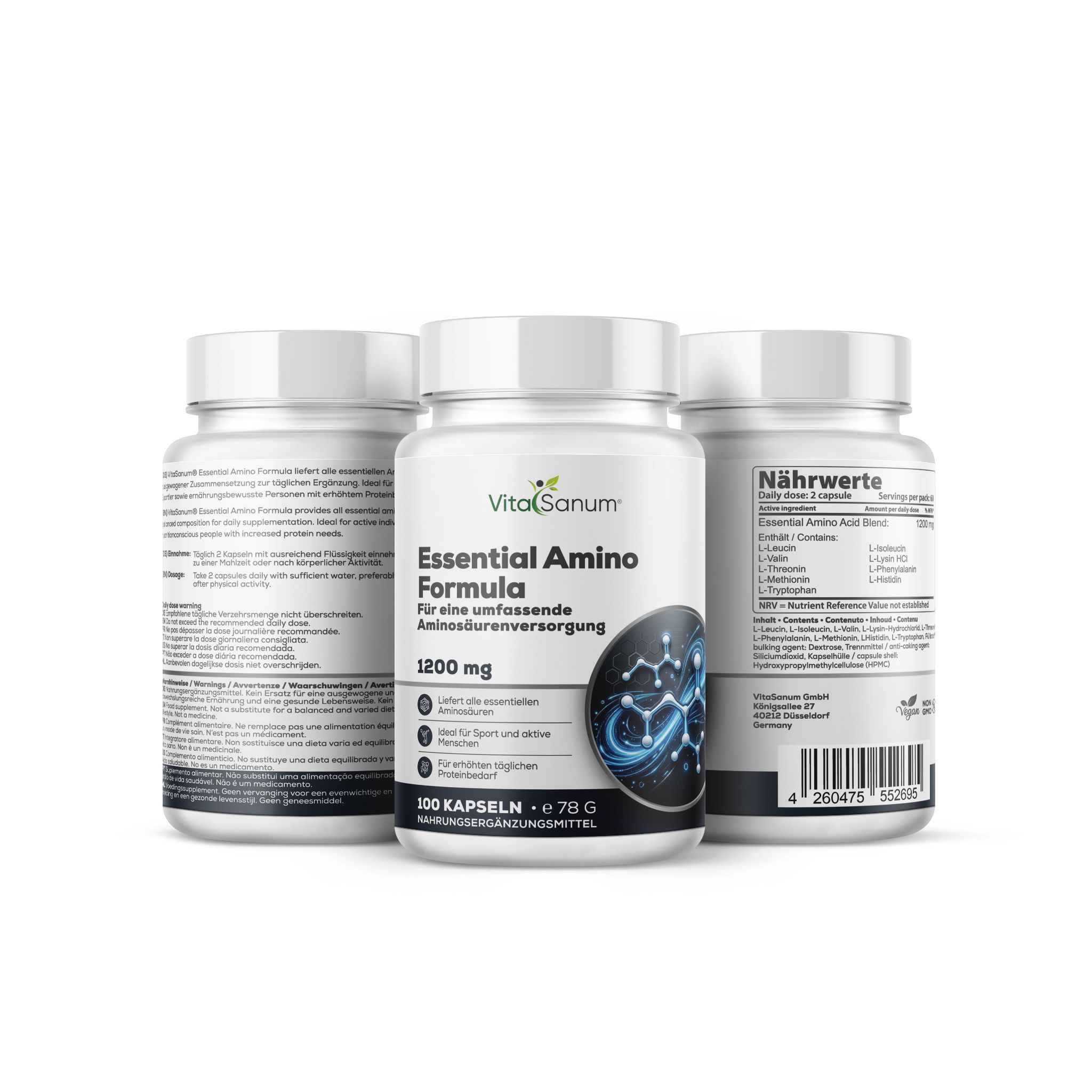 Tre contenitori VitaSanum Essential Amino Formula, uno anteriore con etichetta, due posteriori con etichette posteriori.