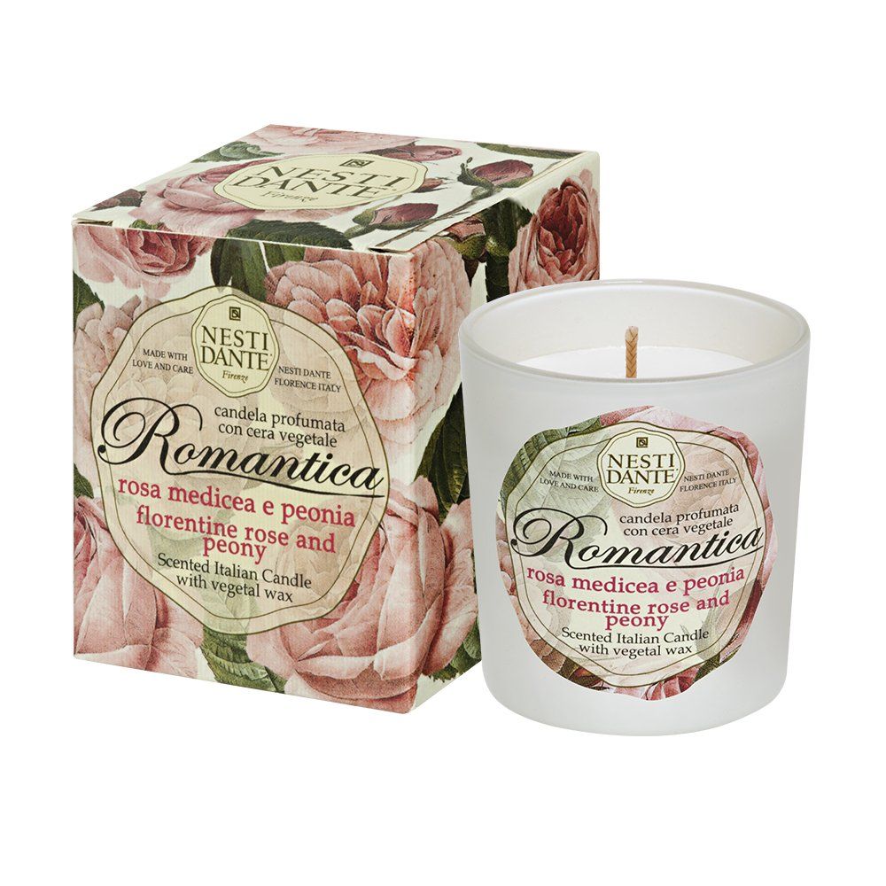 Candela Romantica e confezione. Testo: Rosa e Peonia, Nesti Dante. Motivo floreale.