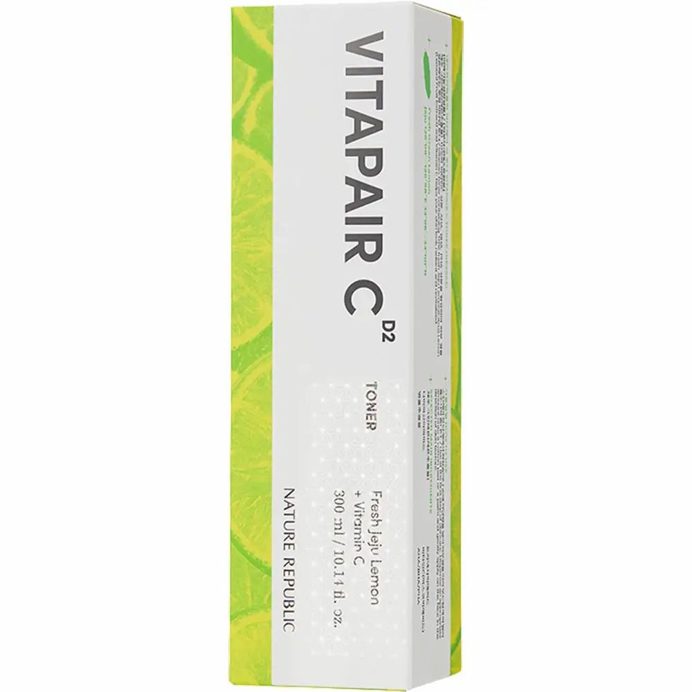 Confezione del toner Vitapair C. Bianca con motivi di limoni verdi. Scritta: Vitapair C Toner.