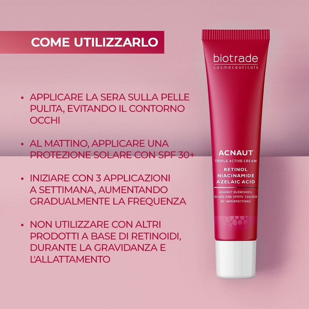 Tubo rosso con tappo bianco. Testo: Biotrade, Acnaut Triple Active Cream. Istruzioni per l'uso su sfondo rosa.