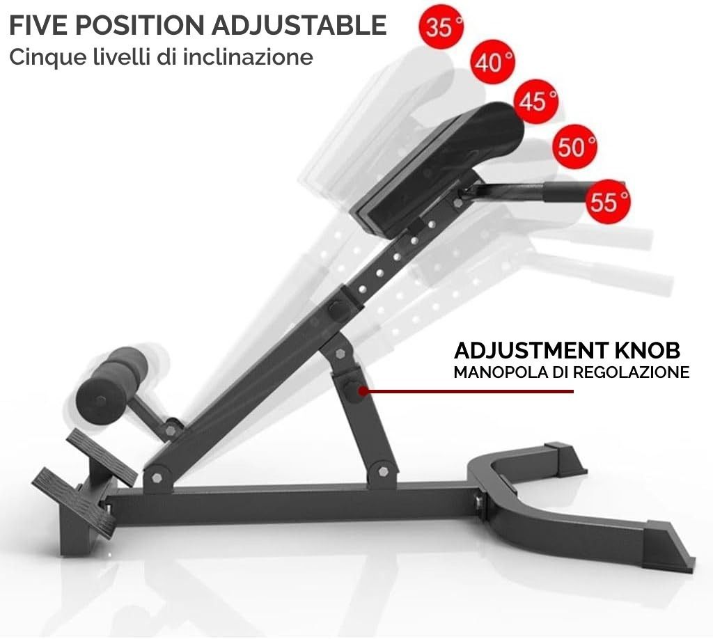 Panca fitness con angoli regolabili. Manopola di regolazione. Segni angolari: 35°, 40°, 45°, 50°, 55°. Nero.