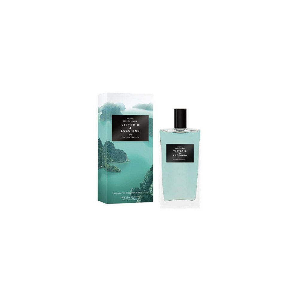 Spray Eau de Toilette e confezione. Flacone rettangolare con tappo nero. Etichetta nera con testo. Confezione con immagine paesaggistica.