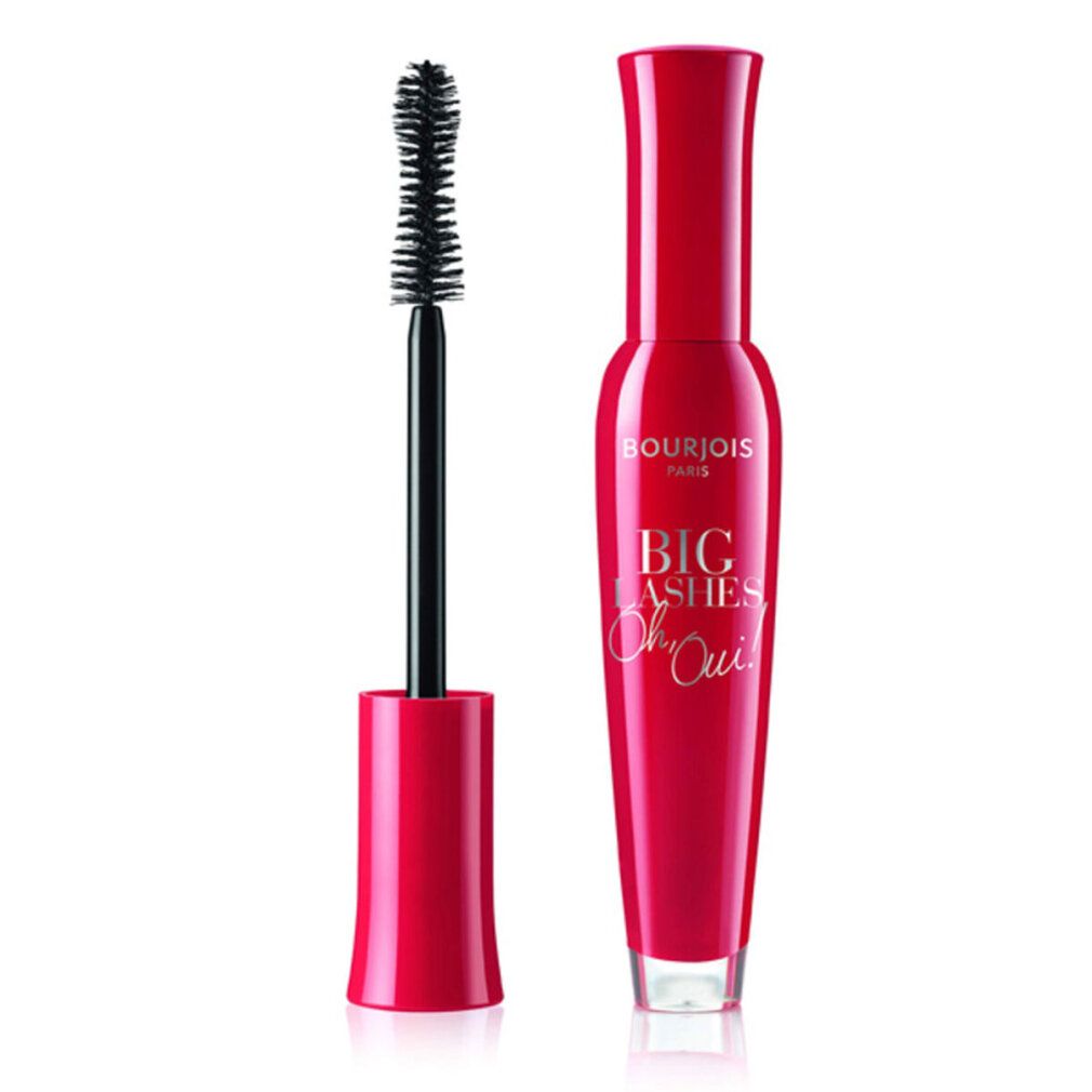 Mascara rosso con spazzola. Testo: Bourjois Paris, Big Lashes Oh Oui. Spazzola nera.