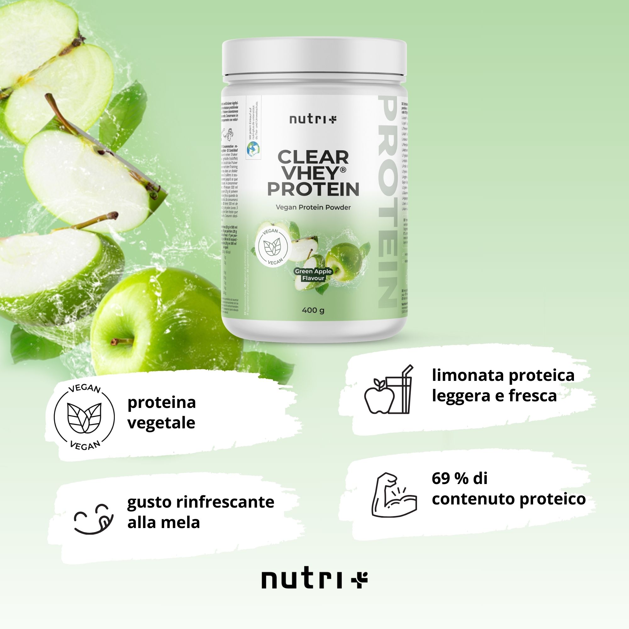 Immagine con mele verdi e testo. Vegano, bevanda proteica, gusto mela, 69% proteine.