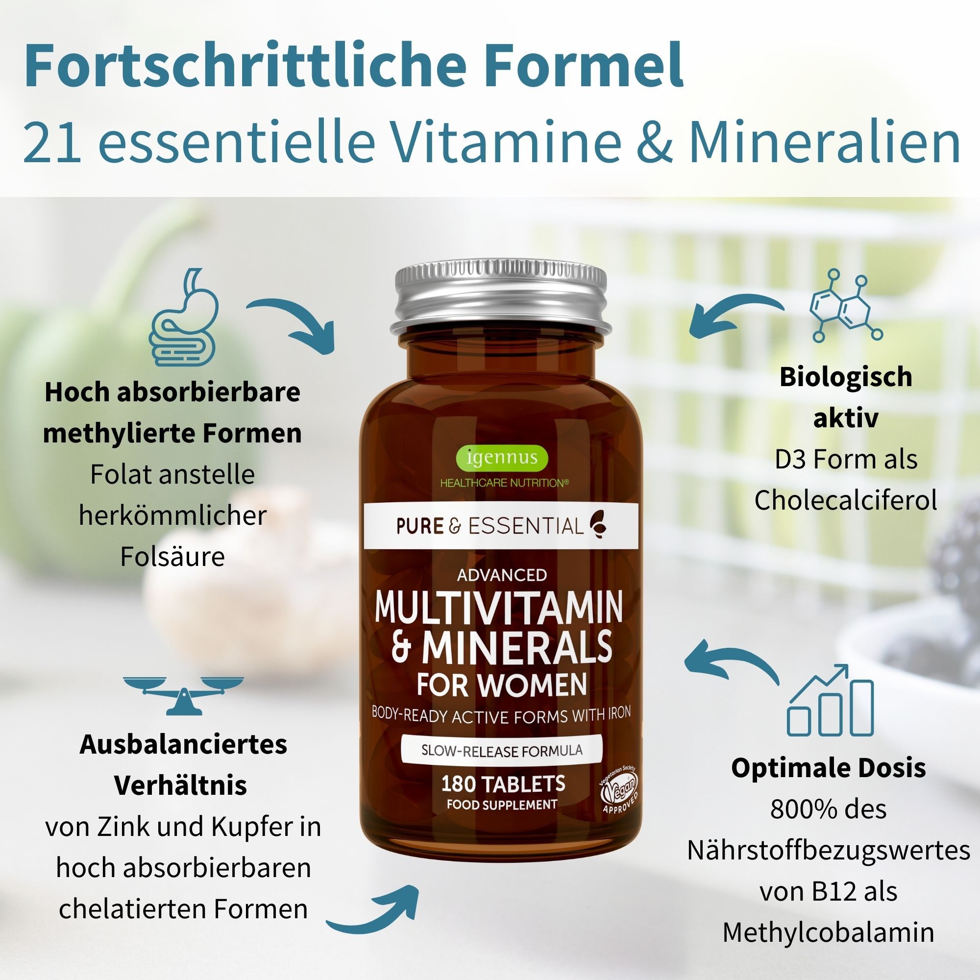 Bottiglia di compresse multivitaminiche, circondata da simboli di nutrienti e assorbimento.