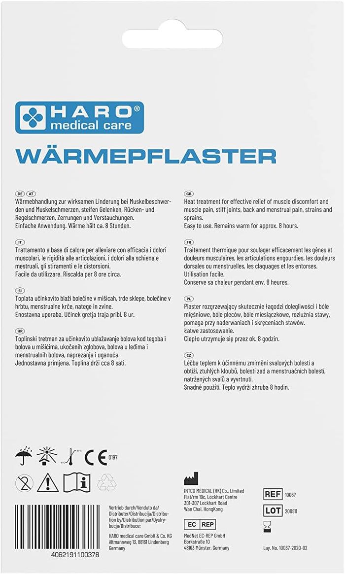 Retro della confezione Haro Wärmepflaster. Testo multilingue. Logo: Haro Medical Care. Informazioni sull'uso e sugli ingredienti.