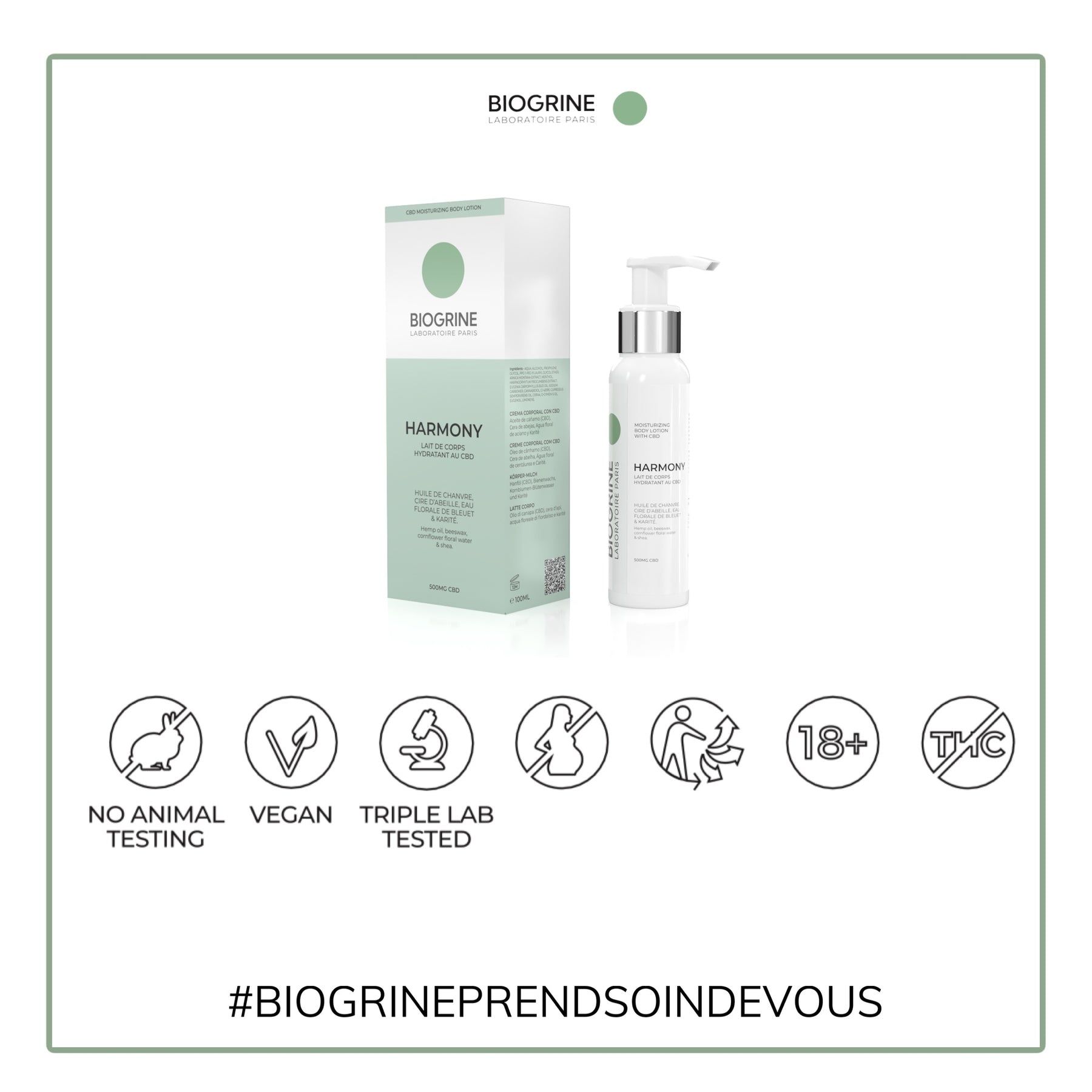 Prodotto e confezione con loghi: No test sugli animali, Vegano, Triple Lab Tested, 18+, Senza THC. Marchio: BIOGRINE.