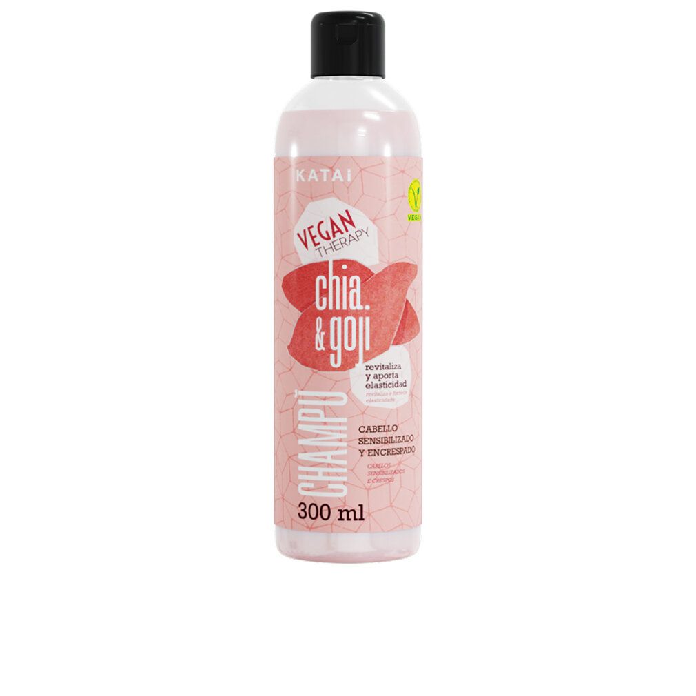 Flacone di shampoo Katai Chia & Goji. Etichetta rosa con testo e logo. Tappo nero. Sigillo vegano.