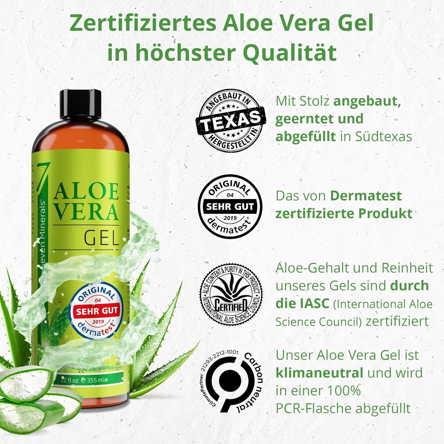 Flacone di gel di aloe vera con certificazioni. Testo: Gel di aloe vera certificato di altissima qualità. Certificato IASC.