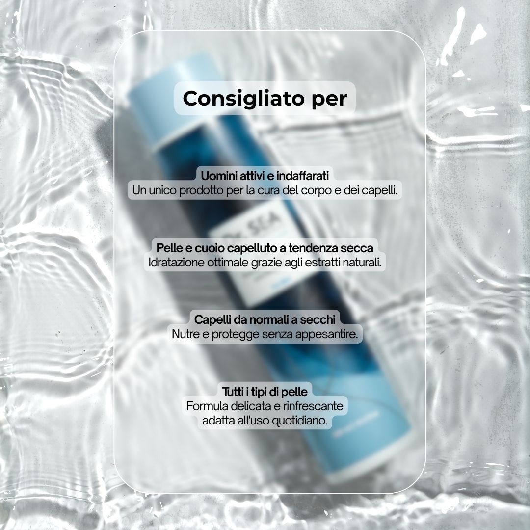Flacone con testo: "Dr. SEA 3-in-1", raccomandazioni.