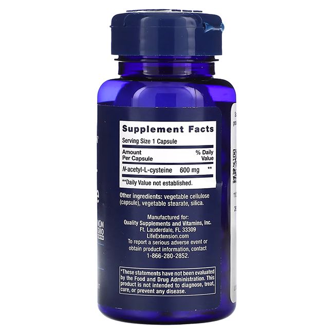 Retro del contenitore Life Extension N-Acetil-L-Cisteina (NAC) 600 mg con informazioni nutrizionali.