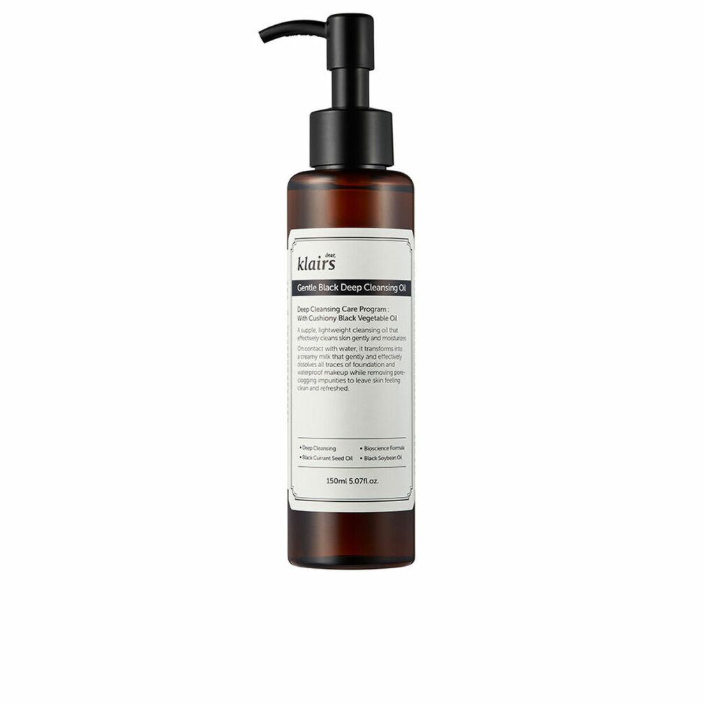 Flacone marrone con erogatore nero. Etichetta con testo. Nome prodotto: Gentle Black Deep Cleansing Oil.