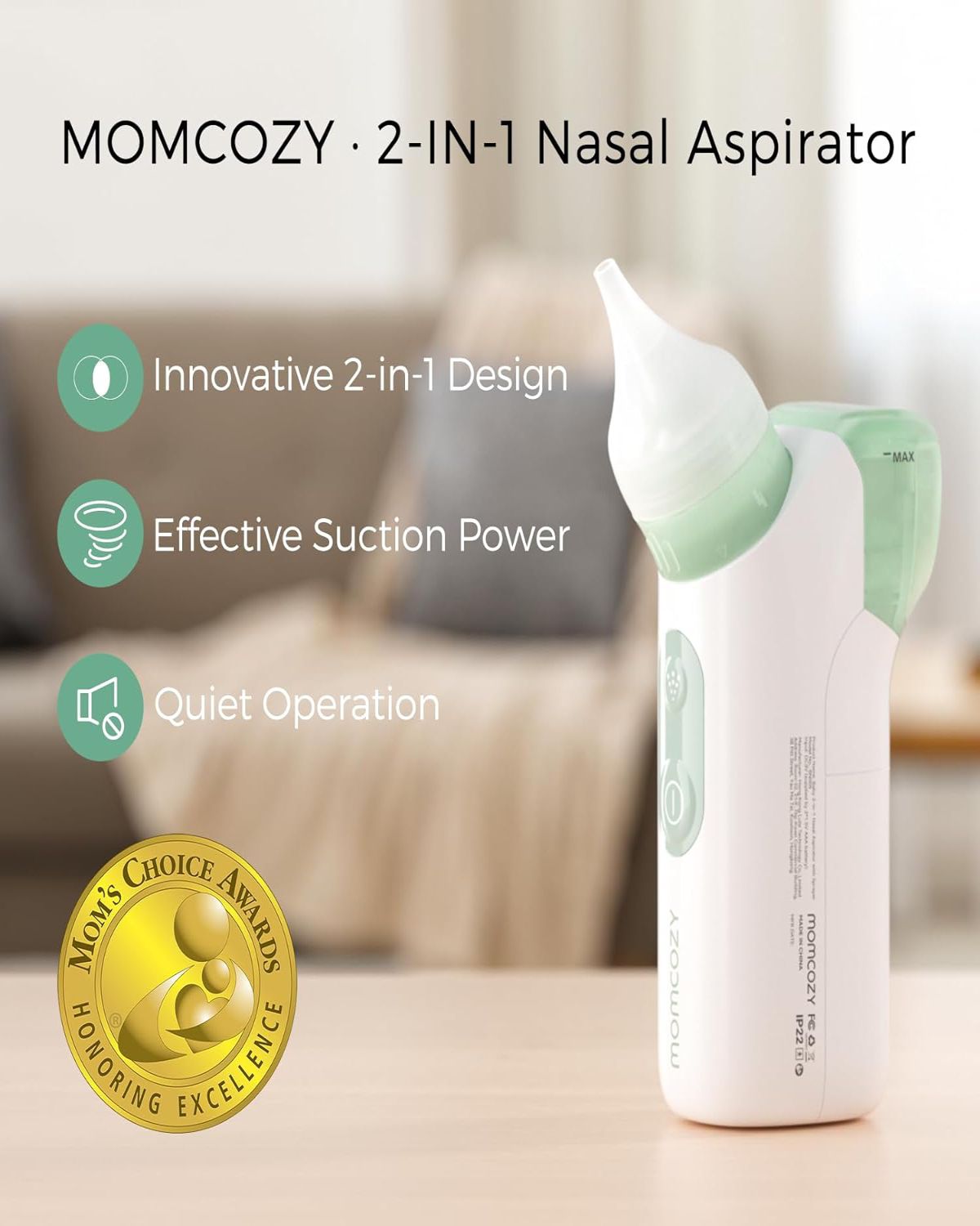 Aspiratore nasale con logo Momcozy. Premi. Design 2-in-1, aspirazione efficace, funzionamento silenzioso.