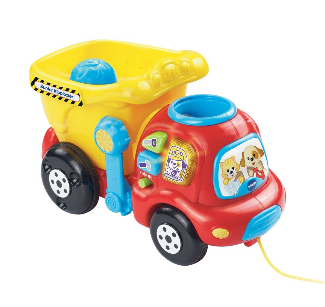 Autocarro ribaltabile giallo e rosso. Cassone giallo con adesivo, cabina rossa con immagini, corda gialla.