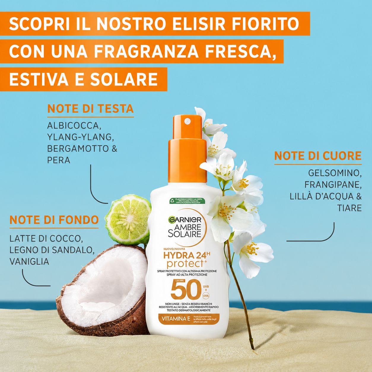 Donna con occhiali da sole e orecchini arancioni. Testo: Adatto a tutti i tipi di pelle.