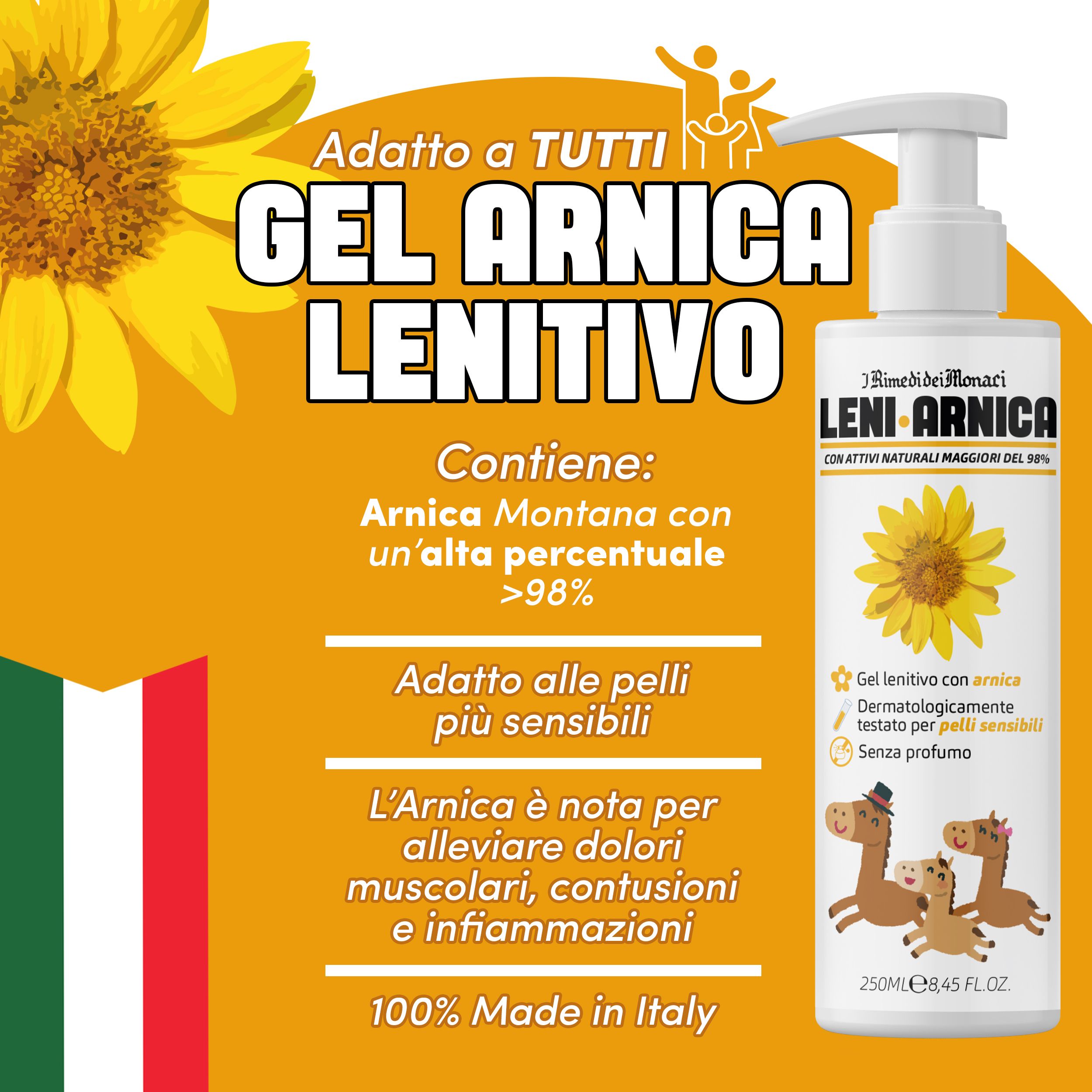 Flacone di gel all'arnica con etichetta gialla. Contiene Arnica Montana. Adatto alle pelli più sensibili. 100% Made in Italy.