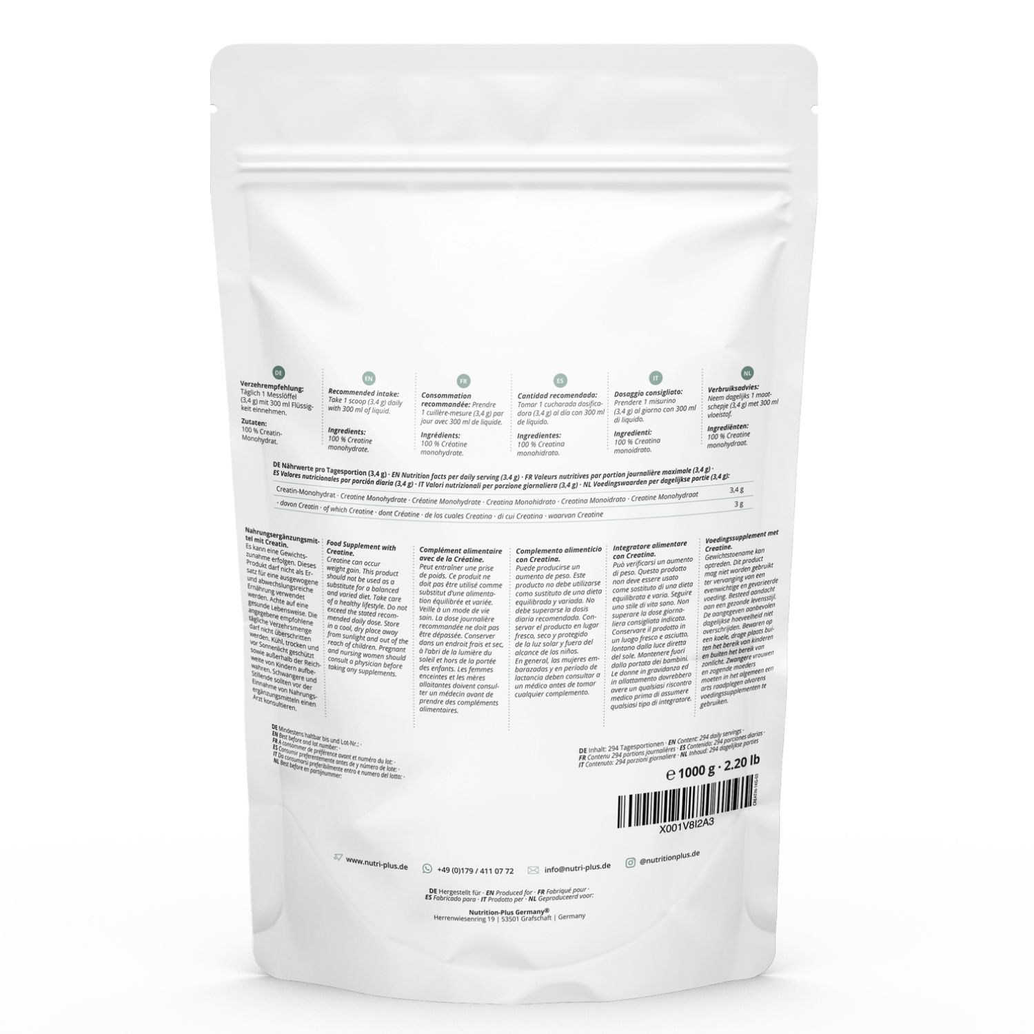 Retro della busta con testo e informazioni nutrizionali. Contiene informazioni sugli ingredienti e l'uso.