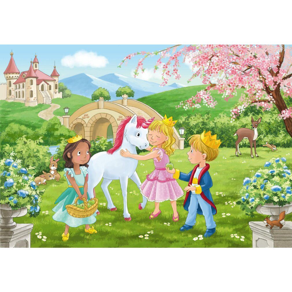 Puzzle: ragazze e ragazzo con unicorno in un giardino. Castello, ponte, fiori, alberi sullo sfondo.
