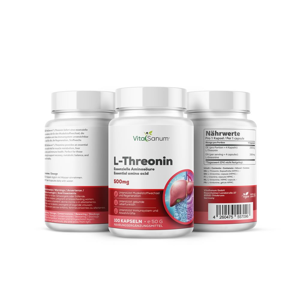 VitaSanum L-Treonina Capsule: Tre contenitori, 100 capsule da 50g ciascuna. Con informazioni nutrizionali e immagine del fegato.