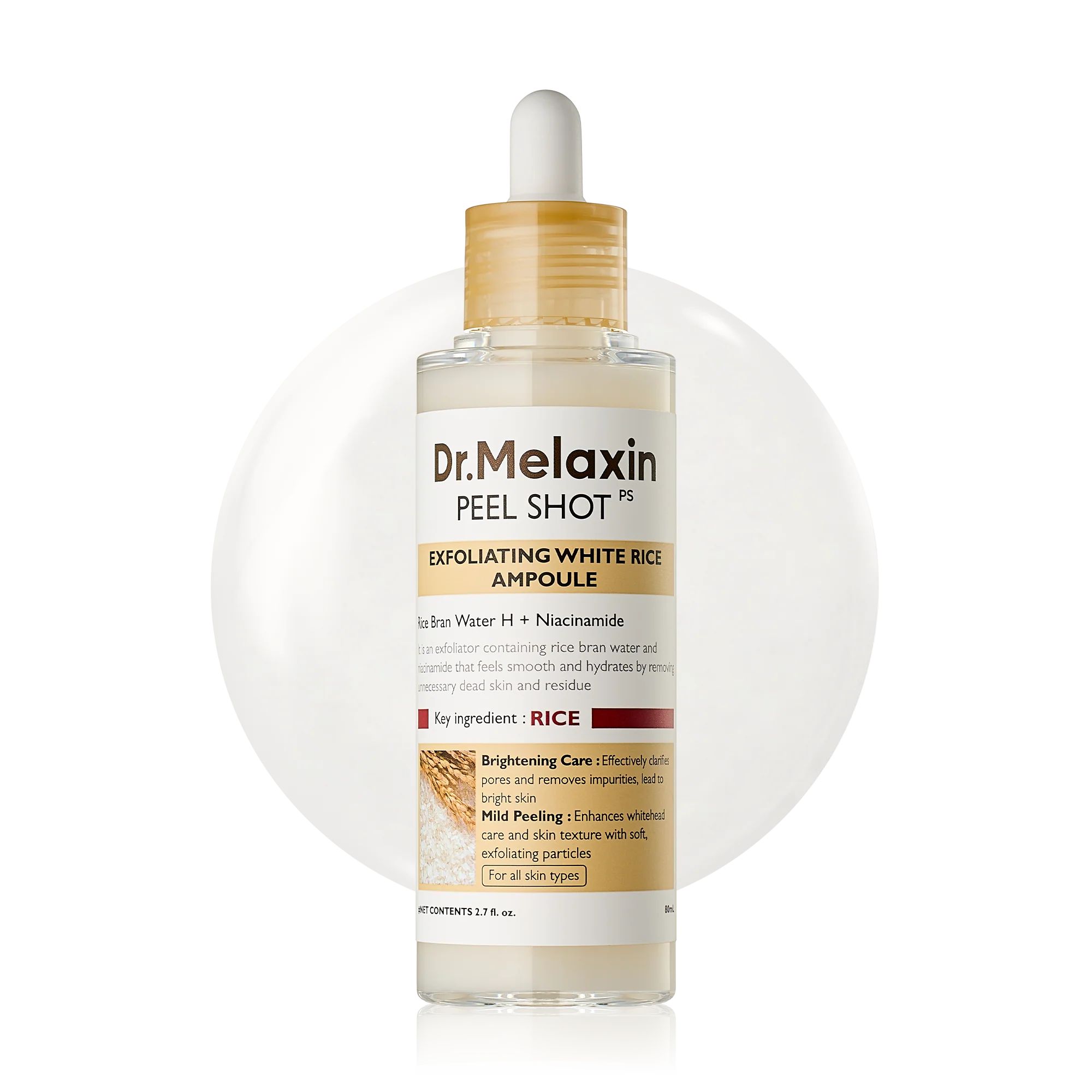 Dr.Melaxin Peel Shot Exfoliating White Rice Ampoule con contagocce.