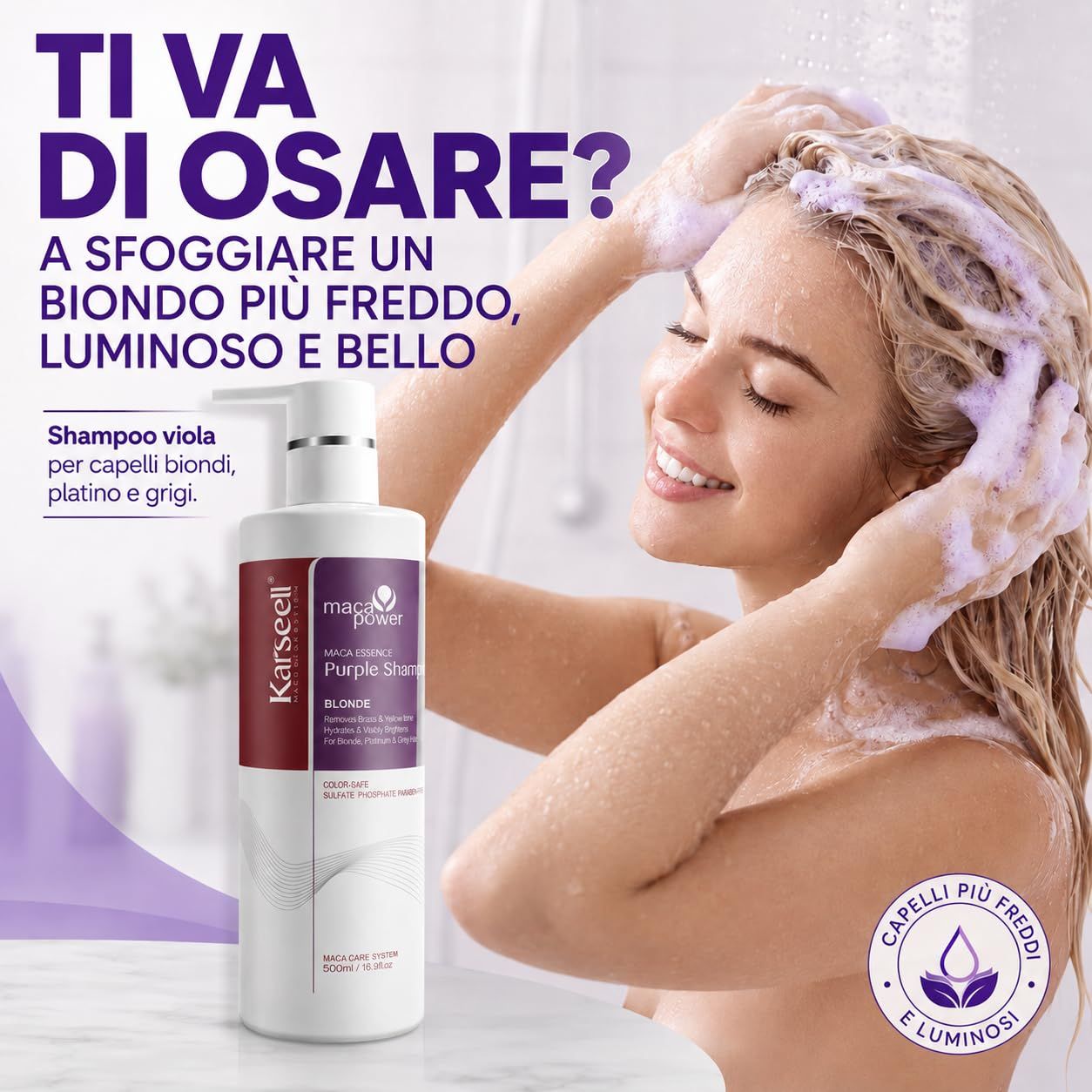 KARSEELL Shampoo Viola Antigiallo Professionale Capelli Biondi Platino Grigi Decolorati