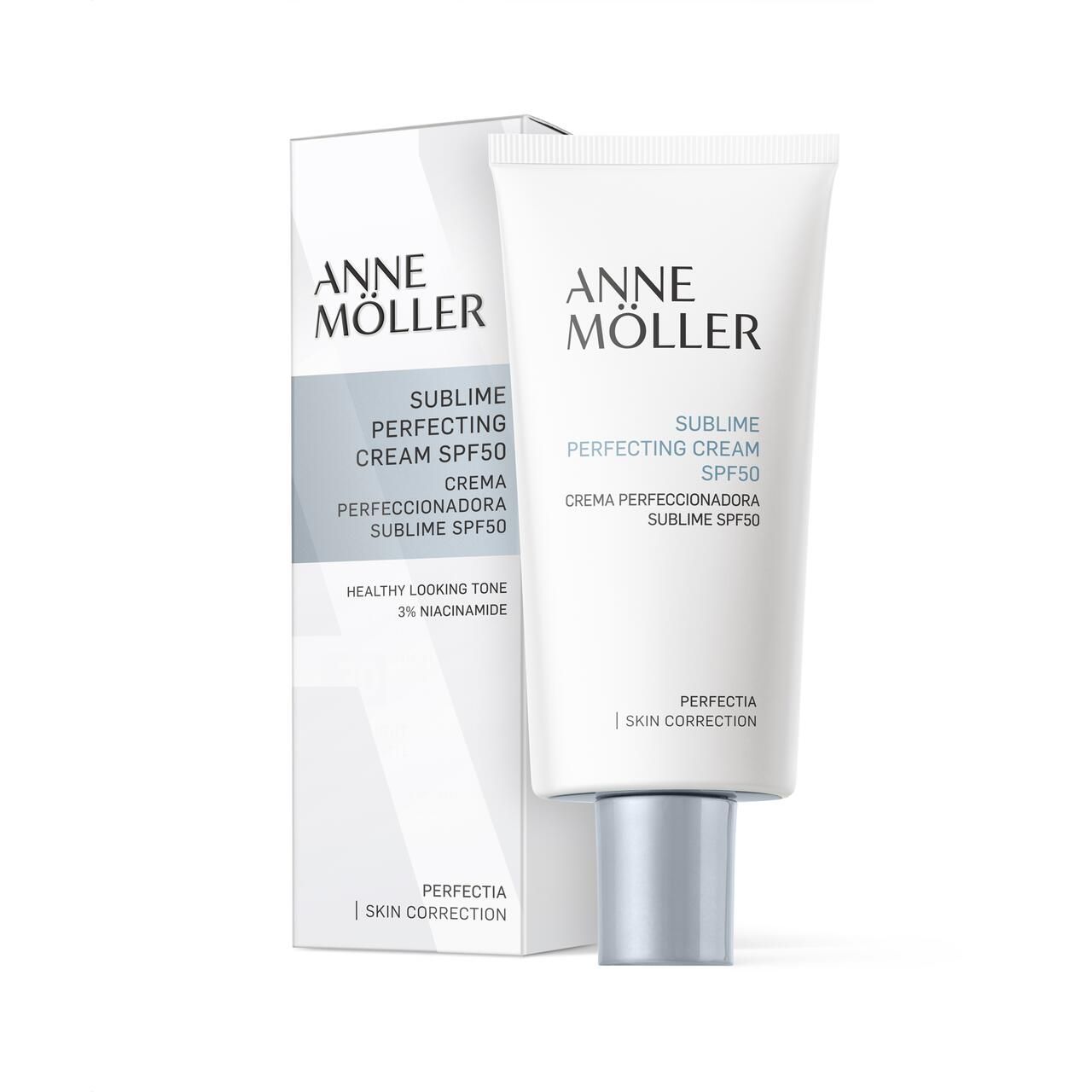 Confezione prodotto con tubo e scatola. Scritta: Anne Möller, Sublime Perfecting Cream SPF50. Contiene 2% Niacinamide.