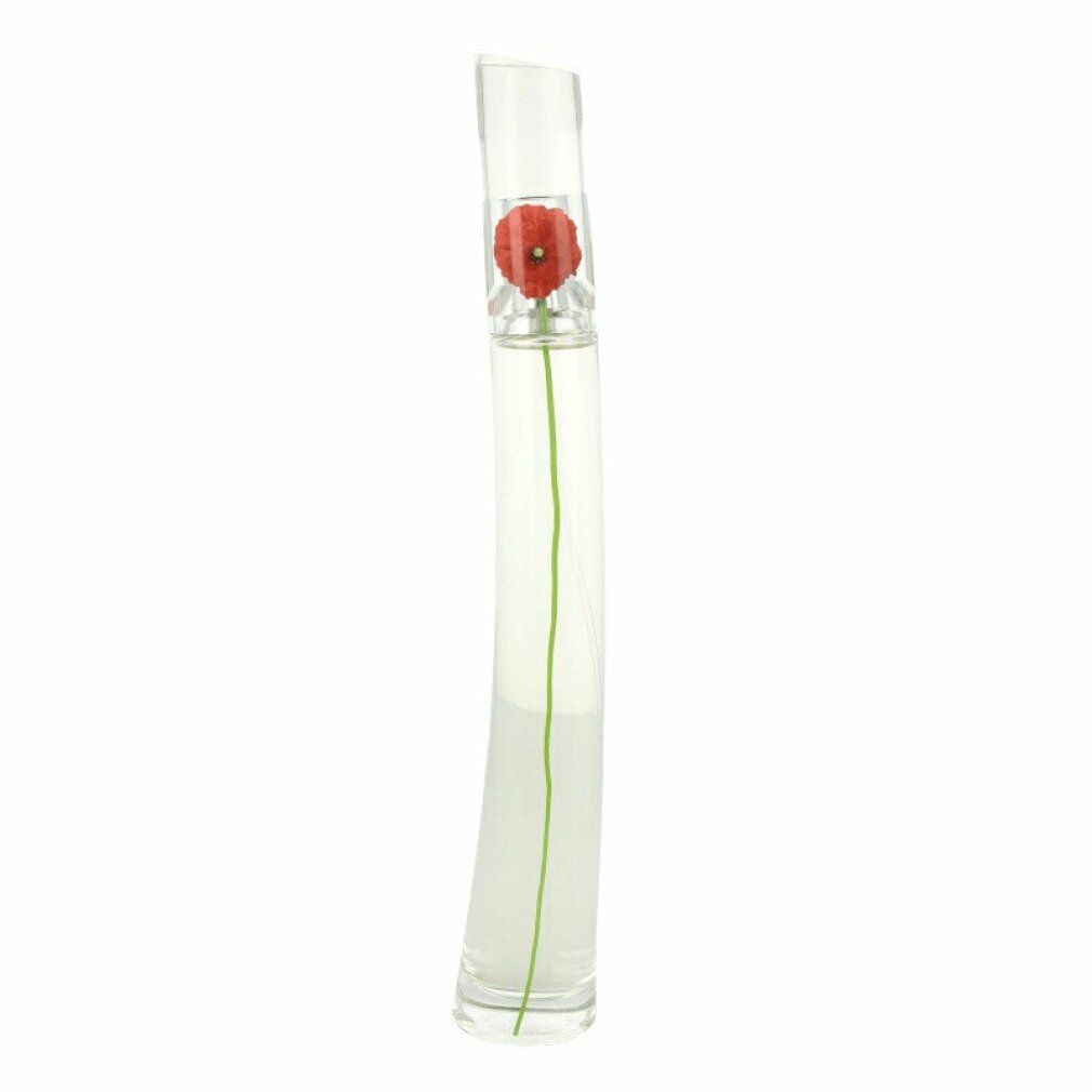 Flacone di profumo con fiore rosso. Flacone in vetro sottile e curvo con fiore rosso e stelo verde.