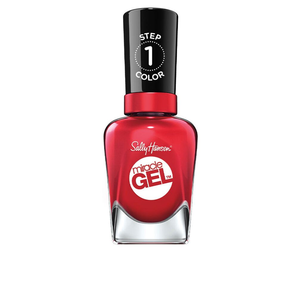 Flacone di smalto rosso con tappo nero. Scritta: Sally Hansen Miracle Gel. Passo 1.