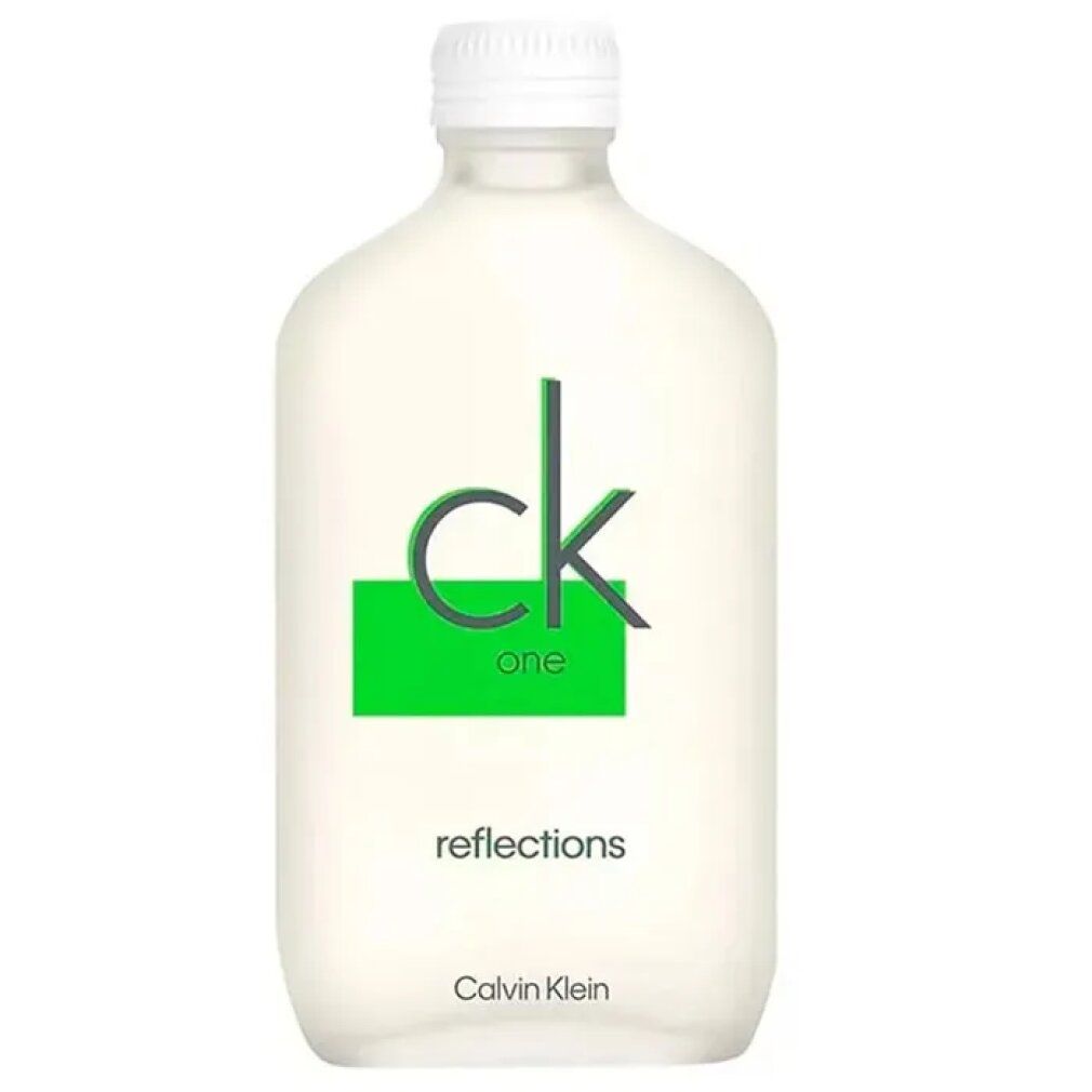 Flacone con tappo bianco. Scritta: ck one reflections, Calvin Klein. Rettangolo verde con ck one.