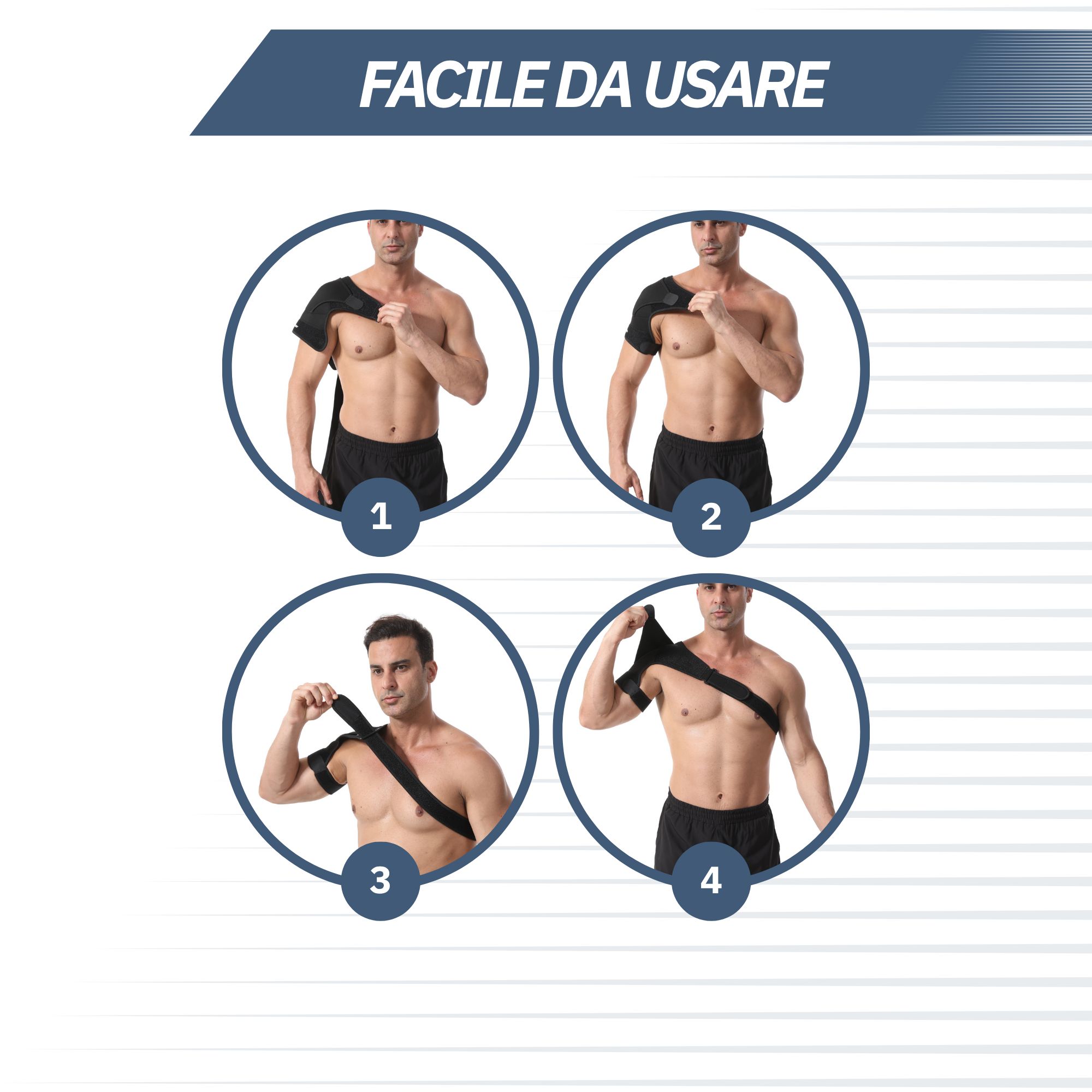 Istruzioni per indossare un tutore per spalla in quattro passaggi.