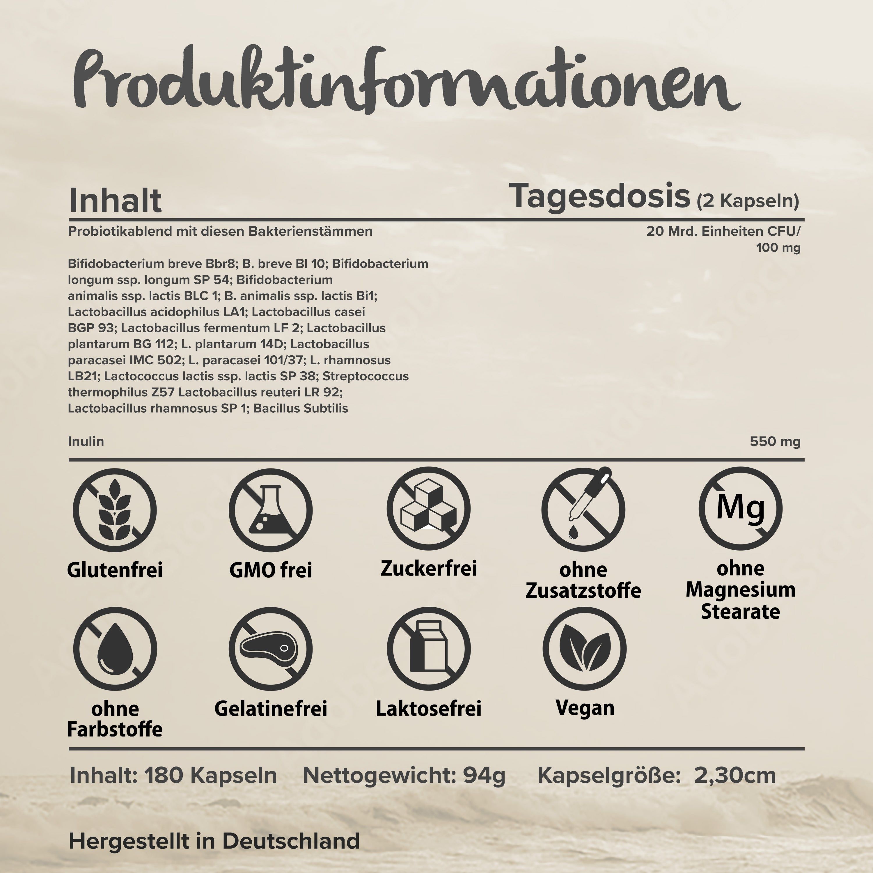 Informazioni sul prodotto: Ingredienti, dosaggio giornaliero, certificazioni come Senza glutine, Senza OGM, Senza zucchero, Vegano.