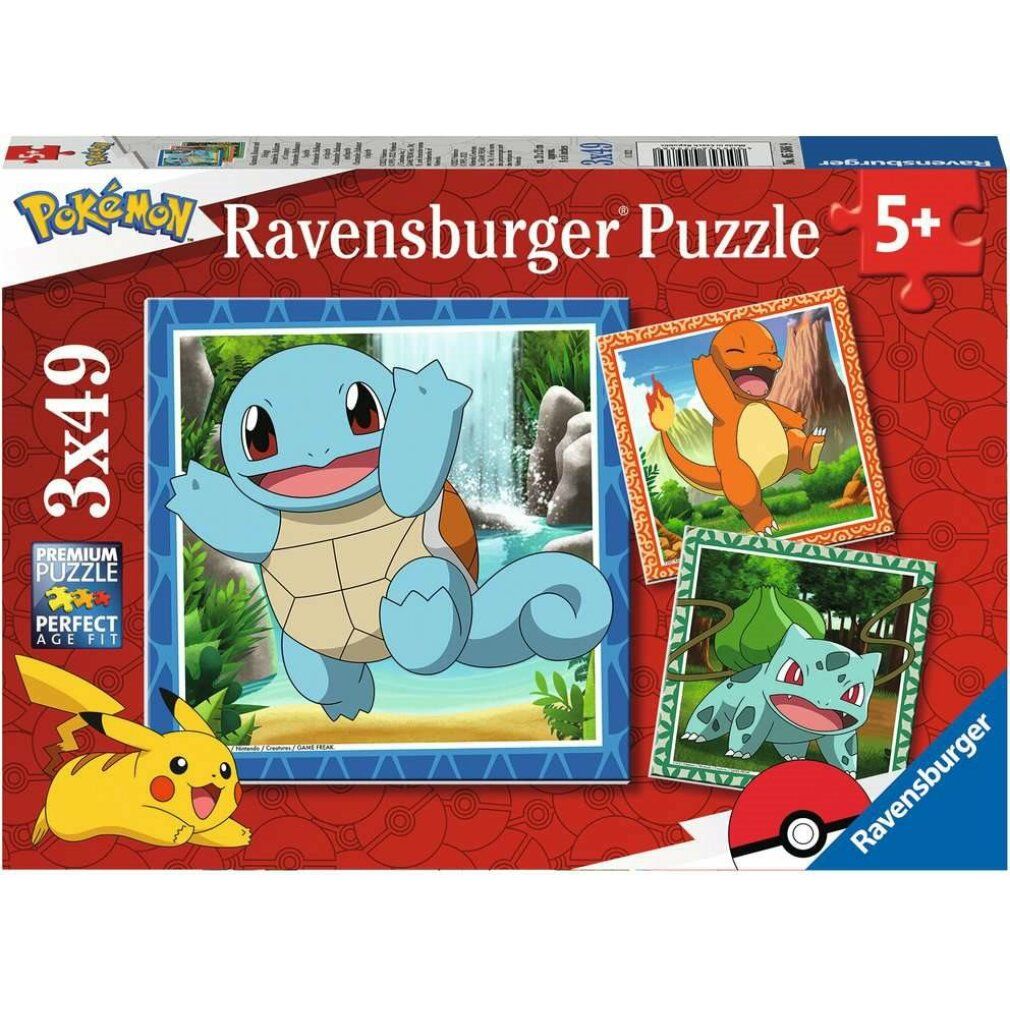 Scatola puzzle Pokémon. Contiene 3 puzzle con Charmander, Bulbasaur e Squirtle. Marca: Ravensburger. Età consigliata: 5+