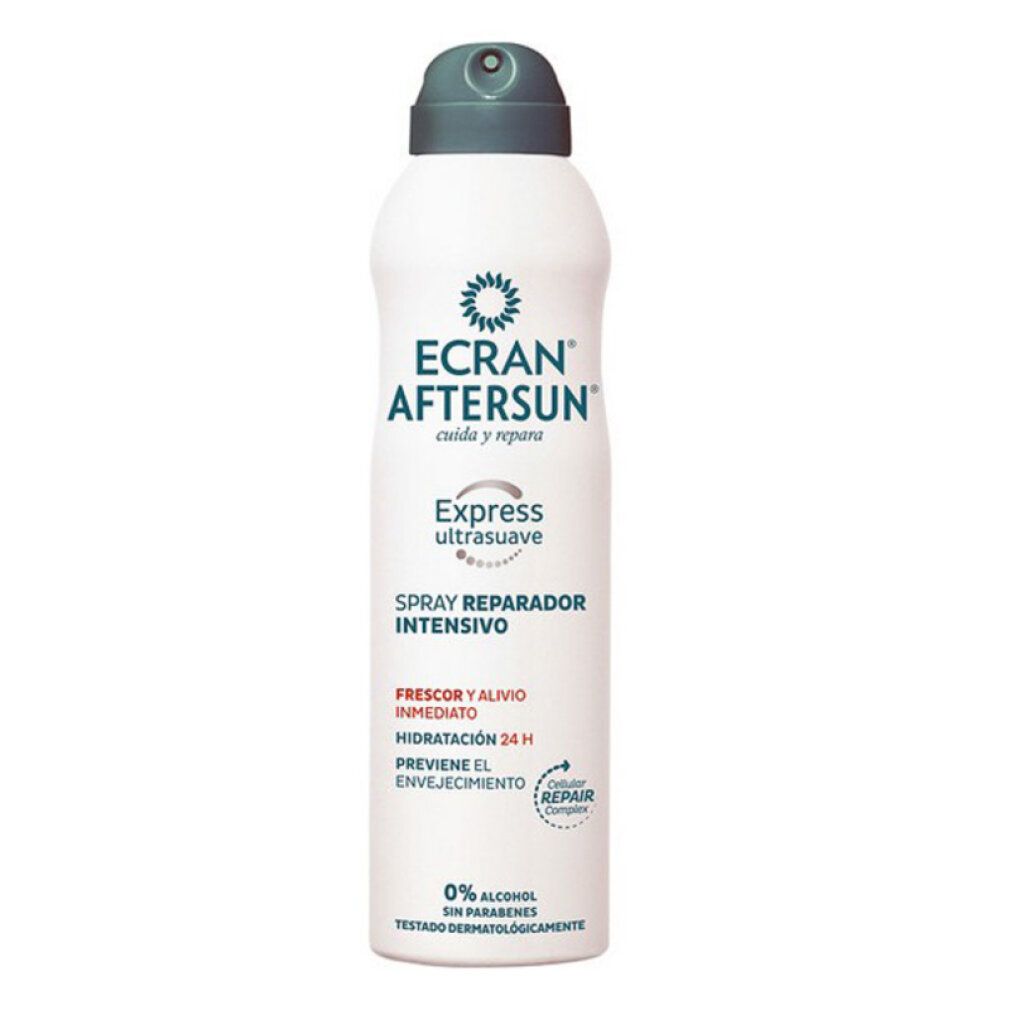 Spray bianco con tappo grigio. Scritta: ECran Aftersun, Express ultrasoft, Spray Reparador Intensivo. 0% alcool, senza parabeni.