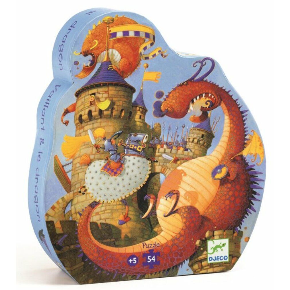Scatola puzzle con motivo drago. Forma blu irregolare. Stampa: castello, cavaliere, drago. Testo: "Valiant & le dragon". Marchio: Djeco. 54 pezzi.