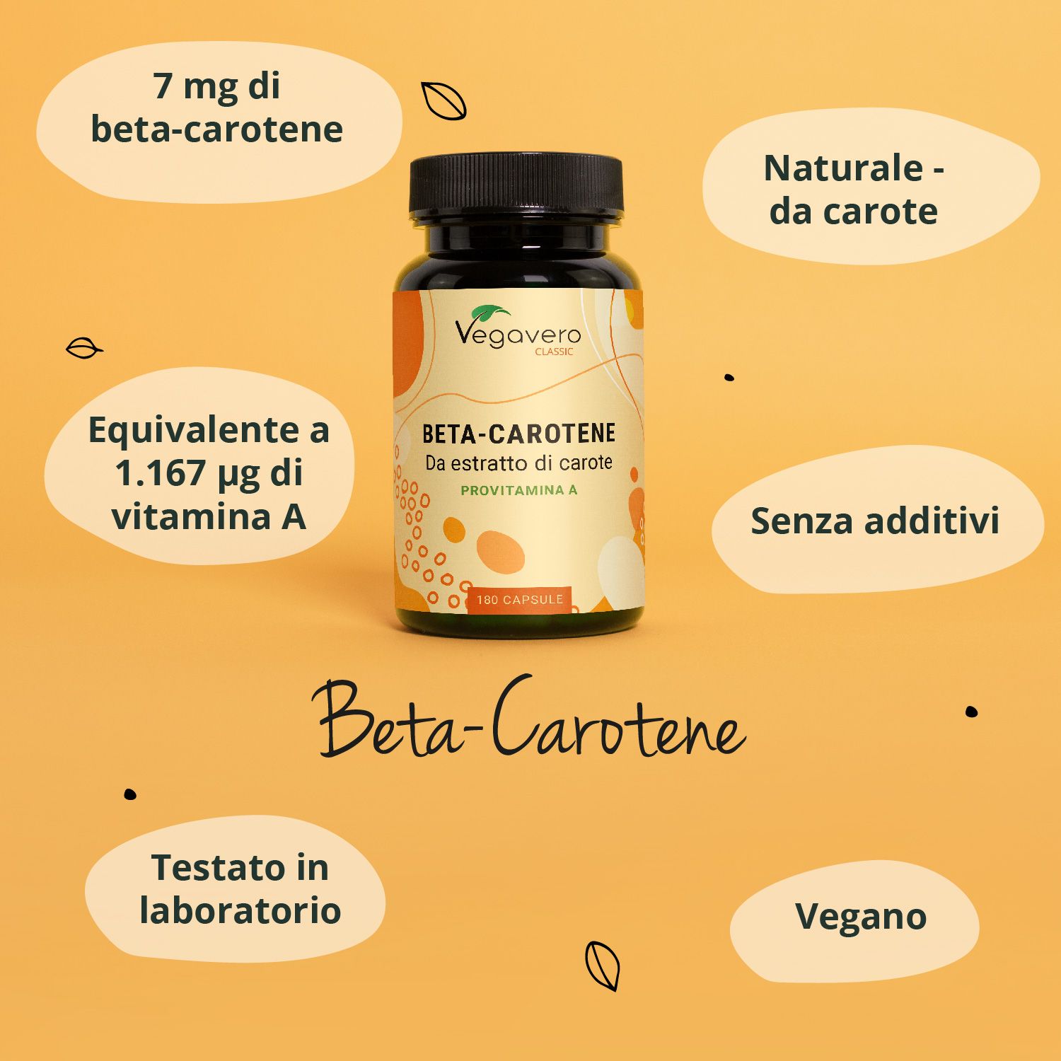 Flacone di capsule di beta-carotene con testo: 7 mg di beta-carotene, equivale a 1,167 µg di vitamina A, senza additivi, vegano.