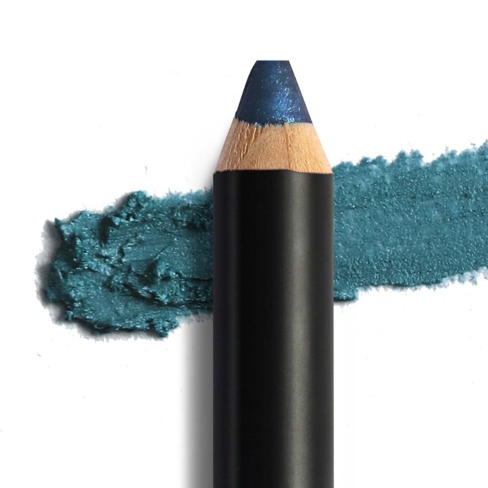 Matita occhi blu e campione di colore. Fusto nero, punta blu, campione di colore blu.