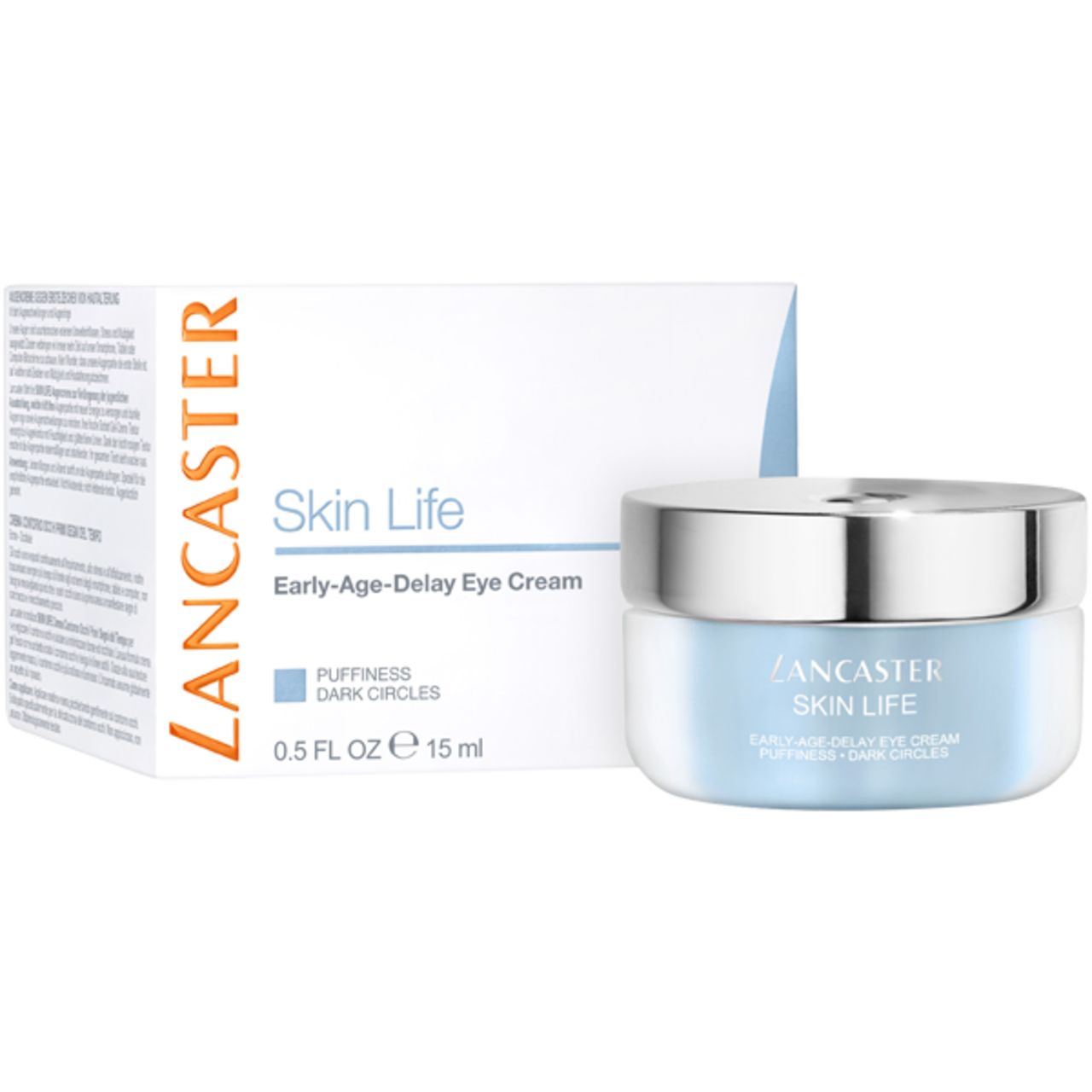 Confezione prodotto con vasetto di crema. Scritta: Lancaster Skin Life Early-Age-Delay Eye Cream. 15 ml.