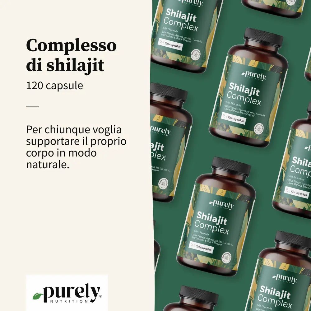 Più flaconi Shilajit Complex. Scritta: 120 capsule. Testo: Per chiunque voglia supportare il proprio corpo in modo naturale.