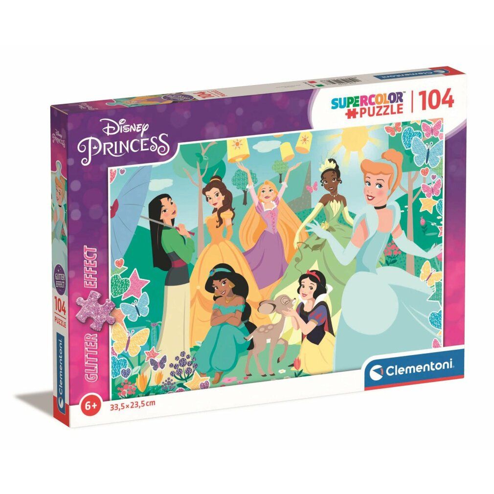 Scatola puzzle con motivo Principesse Disney. Contiene 104 pezzi. Marchio Clementoni. Per bambini dai 6 anni in su. Dimensioni: 33,5 x 23,5 cm. Puzzle Supercolor.