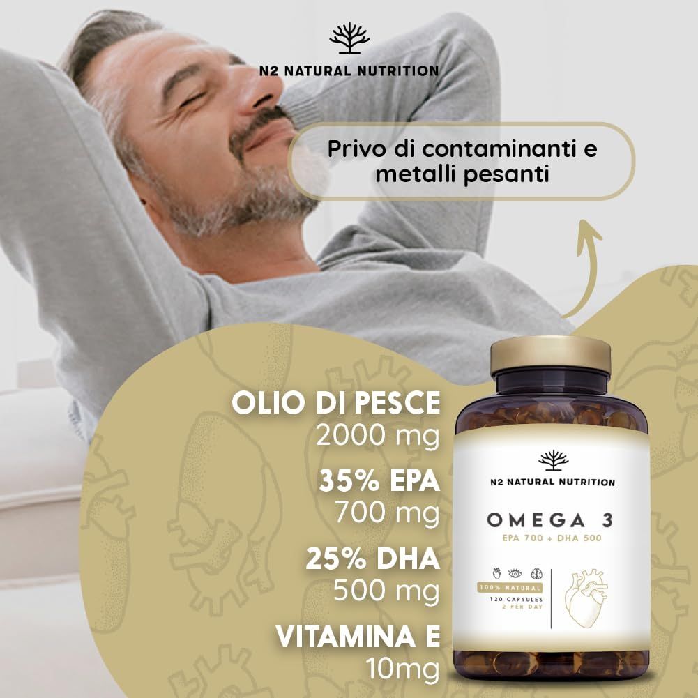 Uomo sdraiato. Testo: Privo di contaminanti e metalli pesanti. Olio di pesce, EPA, DHA, Vitamina E. Flacone Omega 3.