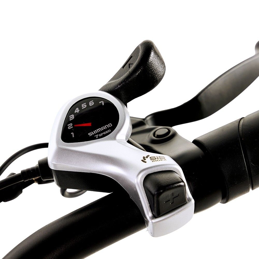 Manubrio con cambio Shimano a 7 velocità. Visualizzazione delle marce. Leva del cambio.