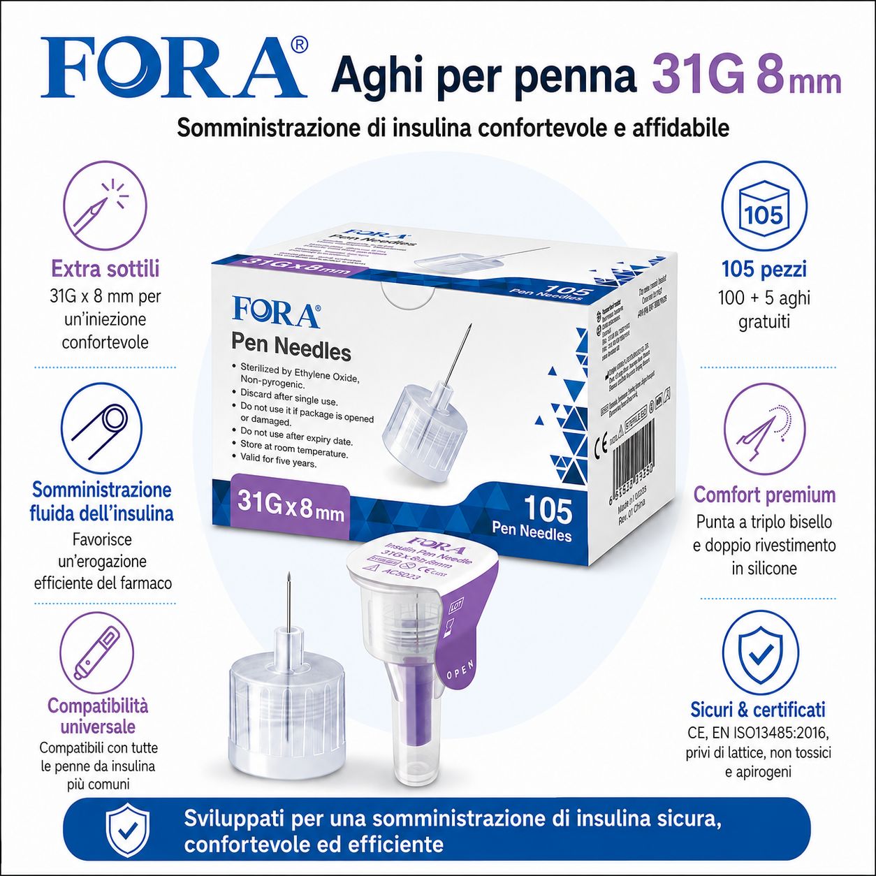 Aghi per penna FORA 31G x 8mm. Extra sottili, somministrazione fluida, compatibilità universale. 105 pezzi.