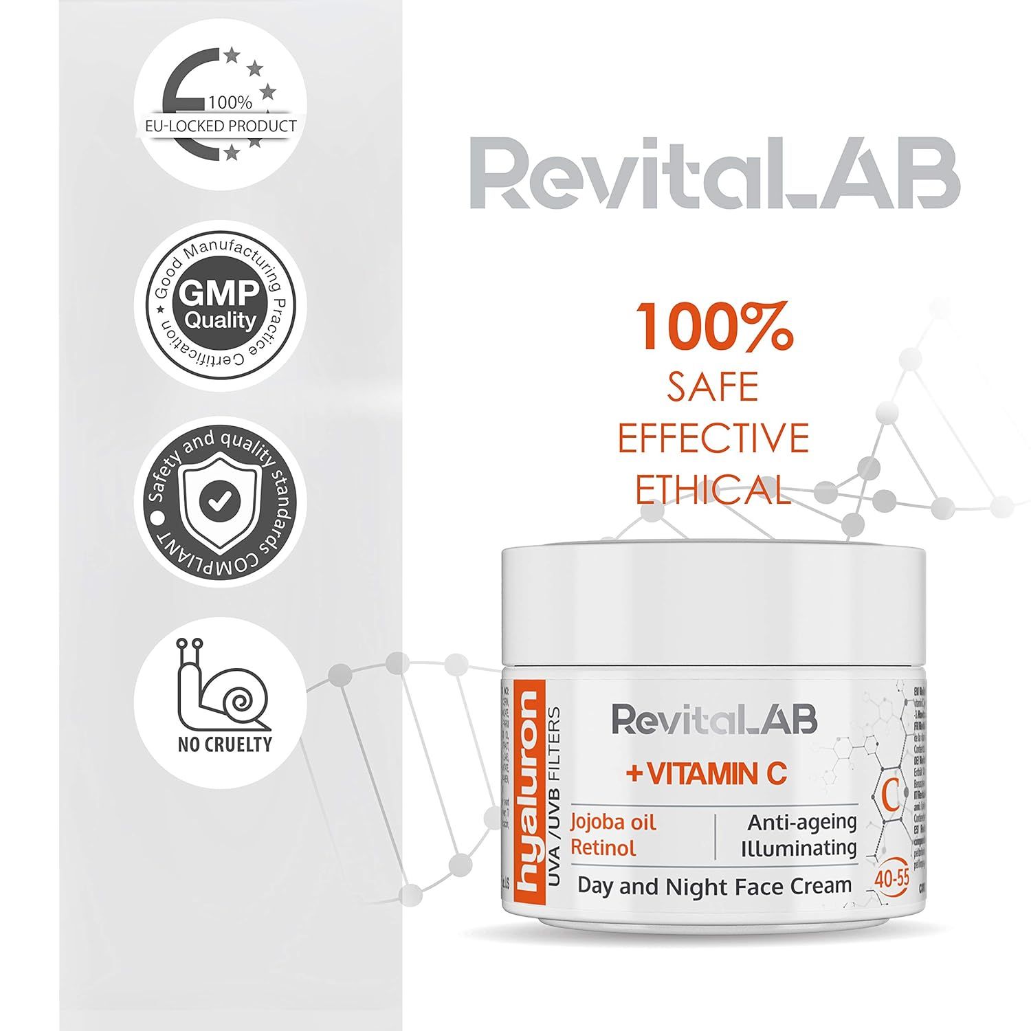 Vasetto di crema con loghi e certificazioni. Testo: RevitaLAB, Vitamina C, 100% Safe, Effective, Ethical.